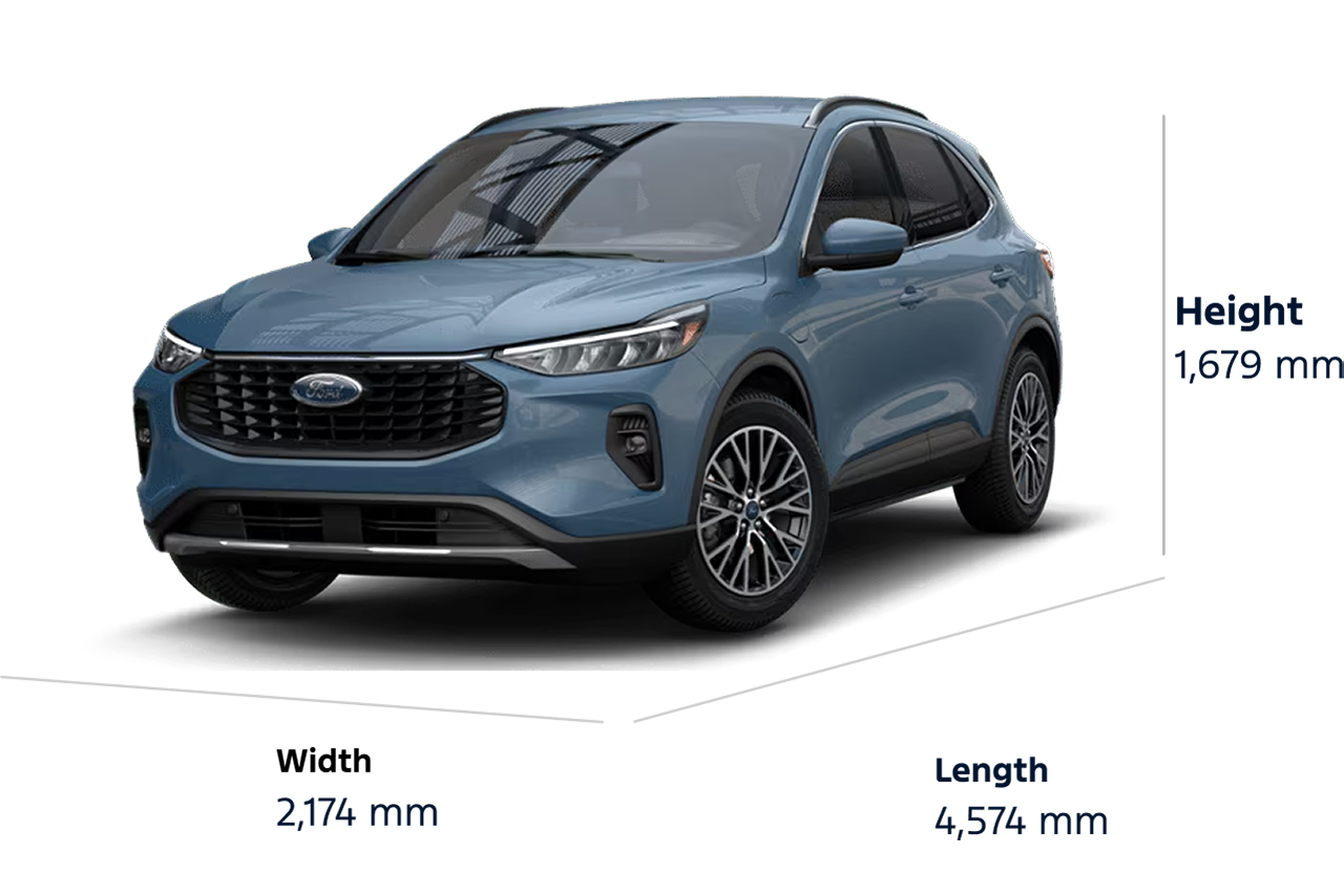 2025 Ford Escape® Plug-in Hybrid model dimensions, Length: 4,574 mm, Height: 1,676 mm, Width: 2,174 mm